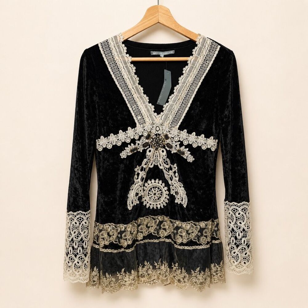 Passion Concept Black Velvet Lace Embroidered Tunic Top S Boho Whimsigoth Y2K